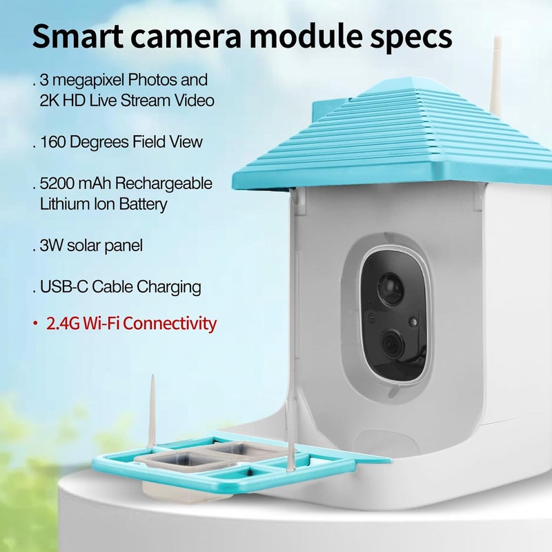 Aprilmin Smart Bird Feeder with Camera,AI Identify Species,Bird House with Solar Powered,Instant Arrival Alerts,2K Capture Video,Live View for Lover (Blue) - Image 2